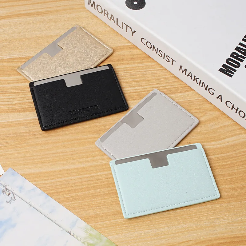 Wholesales Hand Held Cosmetic Stainless Steel Leather portable card compact pocket mirror foldable with heat welding finishing
