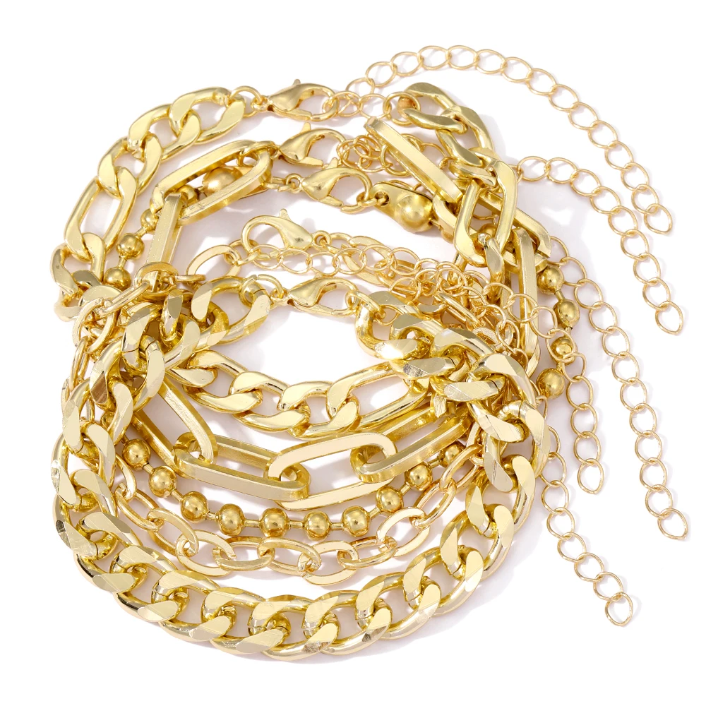 5pcs/set Fashion Gold plated Chain Link Bracelet Chunky Creative Stacked  Thick Multi-layer Bracelet For Women Jewelry Set