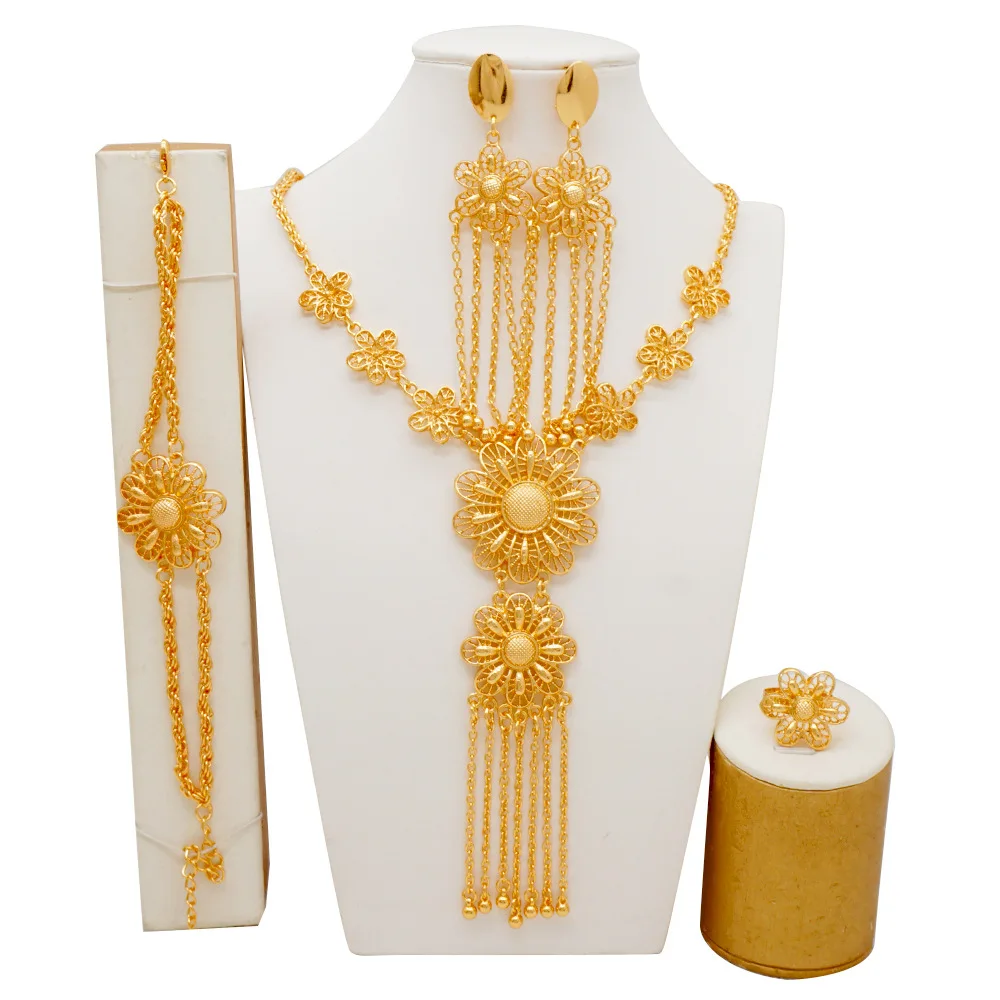 African Dubai Jewelry Sets Gold Plated Necklace Bracelet and Earrings Fine Jewelry Sets for Women Bride Wedding Jewelry Gifts