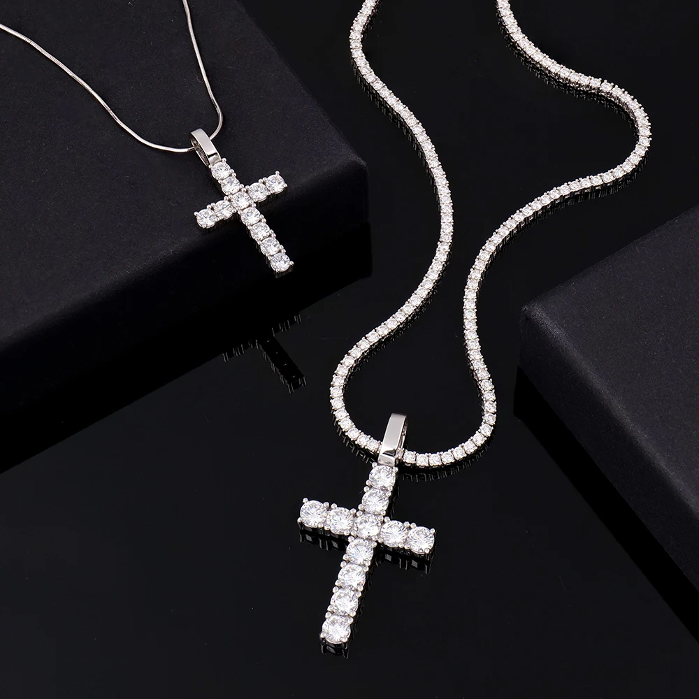 Wholesale jewelry 925 sterling silver holy shining vvs mossanite moissanite diamond crosses chain necklace pendant for men women