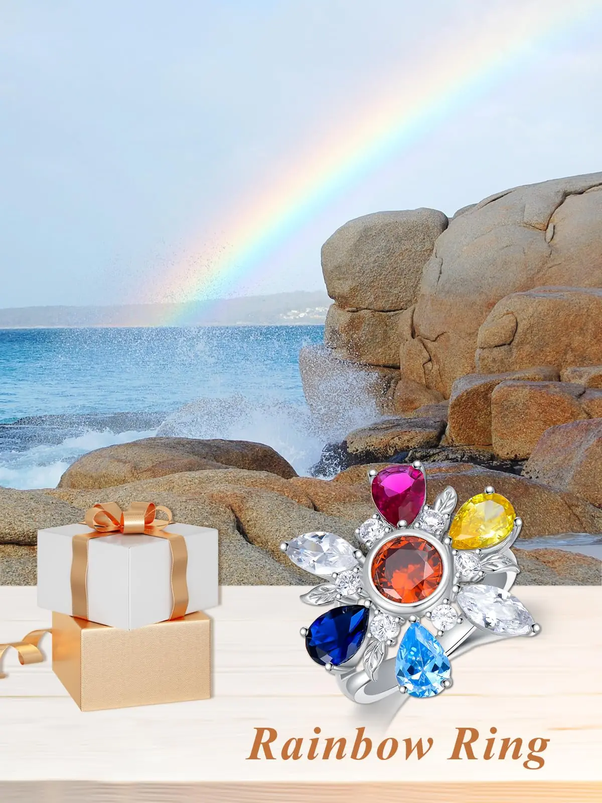 Rainbow Rings 925 Sterling Silver Plated Colorful Rings for Women Wedding Rings Rainbows Gift for Women Girl