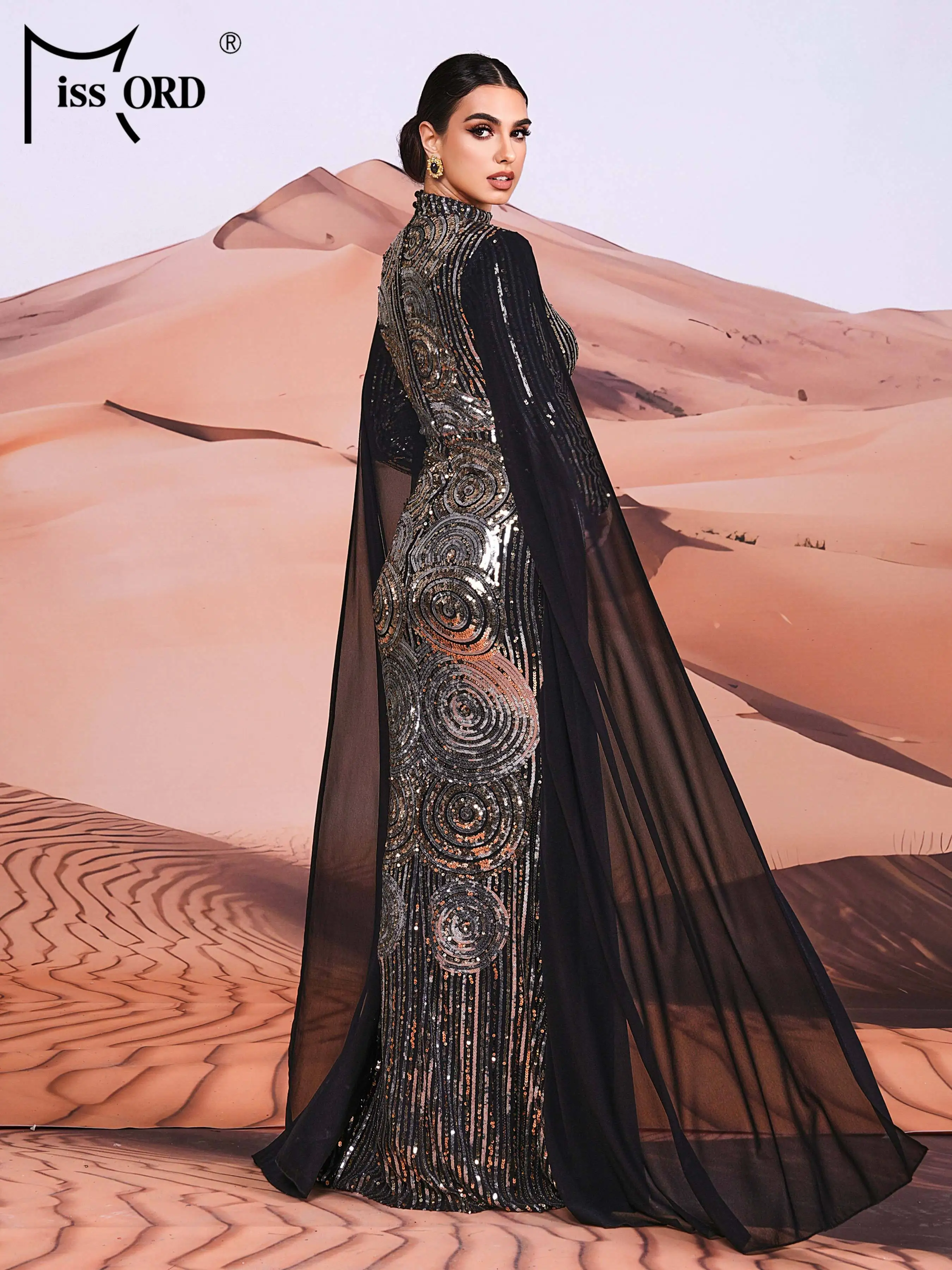 Stand Collar Long Cape Sleeve Maxi Sequin Hijab Arabic Istanbul Moroccan Turkish Dubai Muslim Modest Evening Dresses for Women