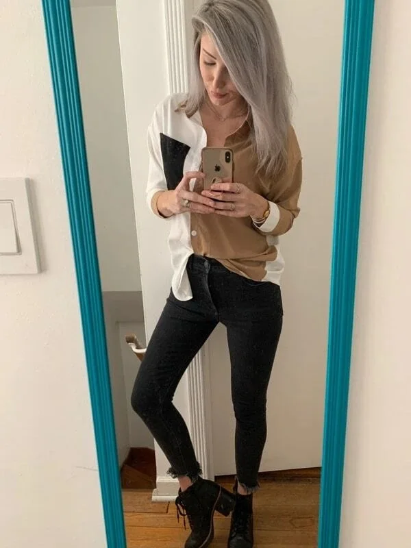 Fashion Women Shirt Full Sleeves Sexy Lady Blouse Contrast Color Patchwork Pocket Slim Female Tops Office Work Club 2022 Clothes