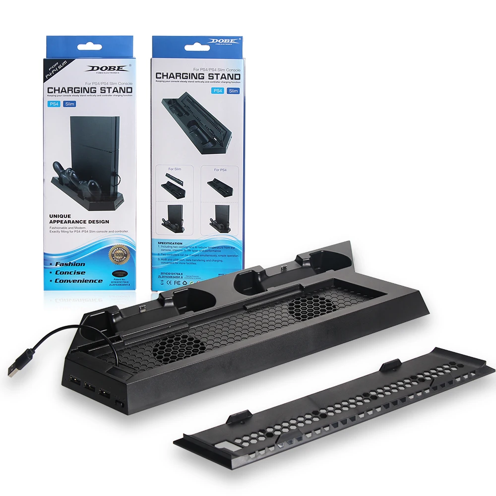 PS4/PS4 Slim Gaming Console Multifunctional Charging Stand Built-in 2 Cooling Fan Controller Charger Station Fan Base