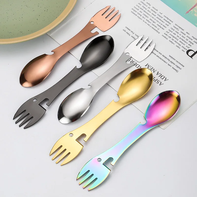 Outdoor Survival Tools Stainless Steel Camping Spoon Fork 5 in 1 Utility Tactical Spork Picnic Cutting Knife Bottle Opener