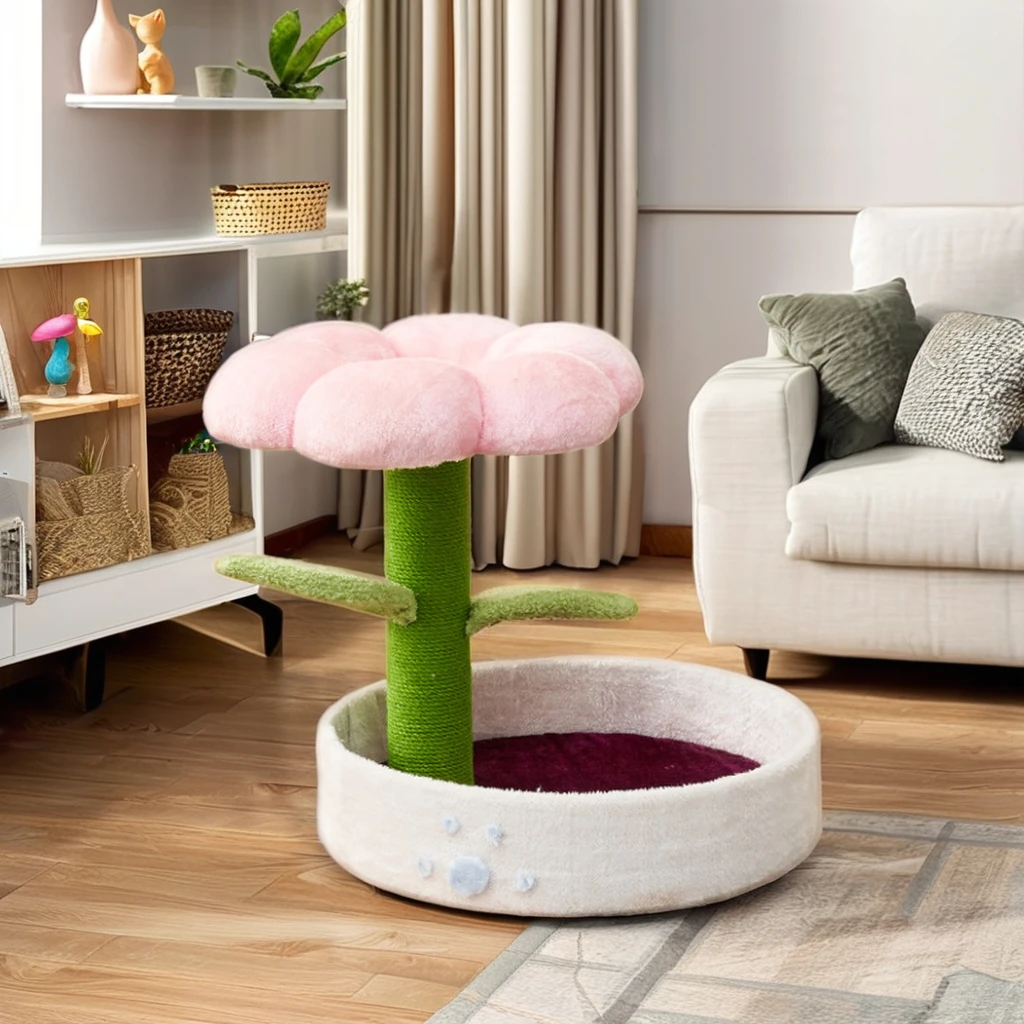 Luxury Large Cat Tree Tower Solid Wood and Soft Velvet Sisal Scratching Post with Woolen Flower for Kitten Climbing