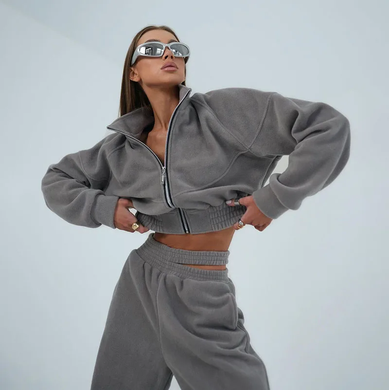 Custom Logo Leather Patch Women Loungewear Sets Sexy Jacket and Pants Set Velour Polar Fleece Jacket Joggers Tracksuit