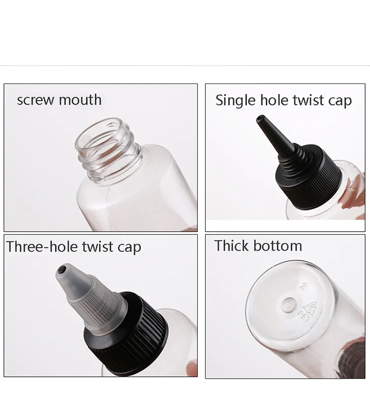 Transparent Plastic PET 30ml 50ml 60ml 70ml 100ml 120ml  with Twist Top Cap for Solvents Oils Paint Ink Squeeze Bottle