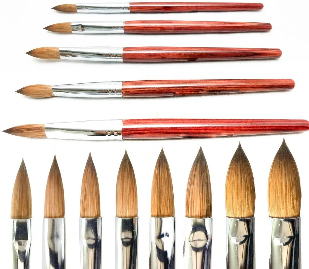 High Quality Nail Art Brush Custom Logo Crimp Flat Round Wood Handle Red Germany 100% Pure Sable Kolinsky Acrylic Nail Brush