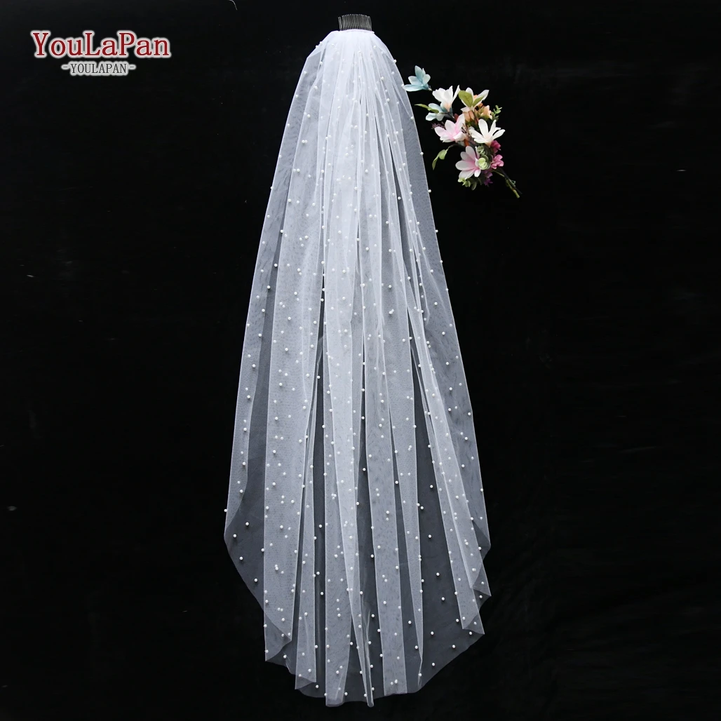 
YouLaPan V05 Pearl Bridal Veils with 3 Meters Trim Beaded Cathedral Wedding Tulle Wedding Weil 