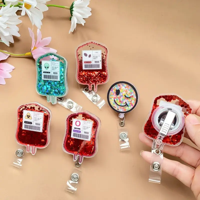 Shaker Badge Reel Blood Bag Badge Reel Acrylic Glitter Badge Reel Retractable Novelty Nurse Doctor Gift
