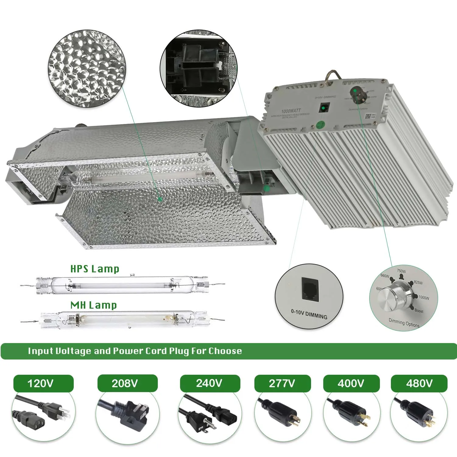 Dimmable Adjustable De Fixture Double Ended Hps Mh 1000w plant Grow Light