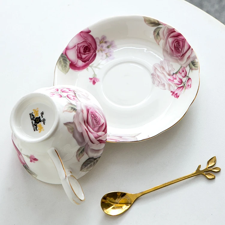 Premium quality elegant luxury pink rose floral gold rimmed espresso coffee tea cup set porcelain ceramic cups with saucer