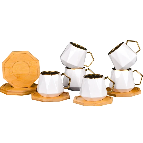 Wholesale custom ceramic coffee cup, bamboo saucer and creative coffee cup and saucer tea set