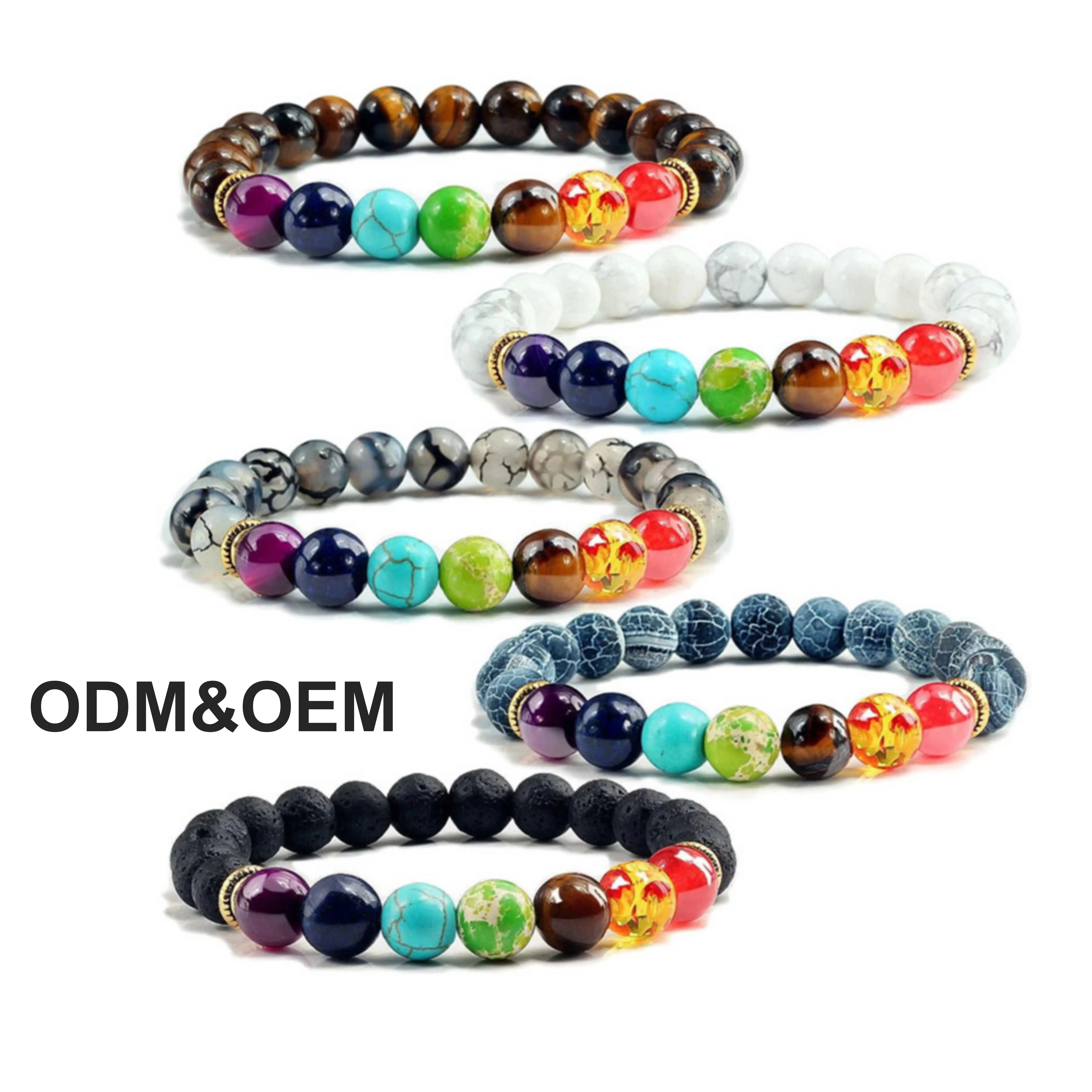 Wholesale natural volcanic stone 7 chakra beaded bracelet colorful copper piece bracelet fashion spiritual healing jewelry