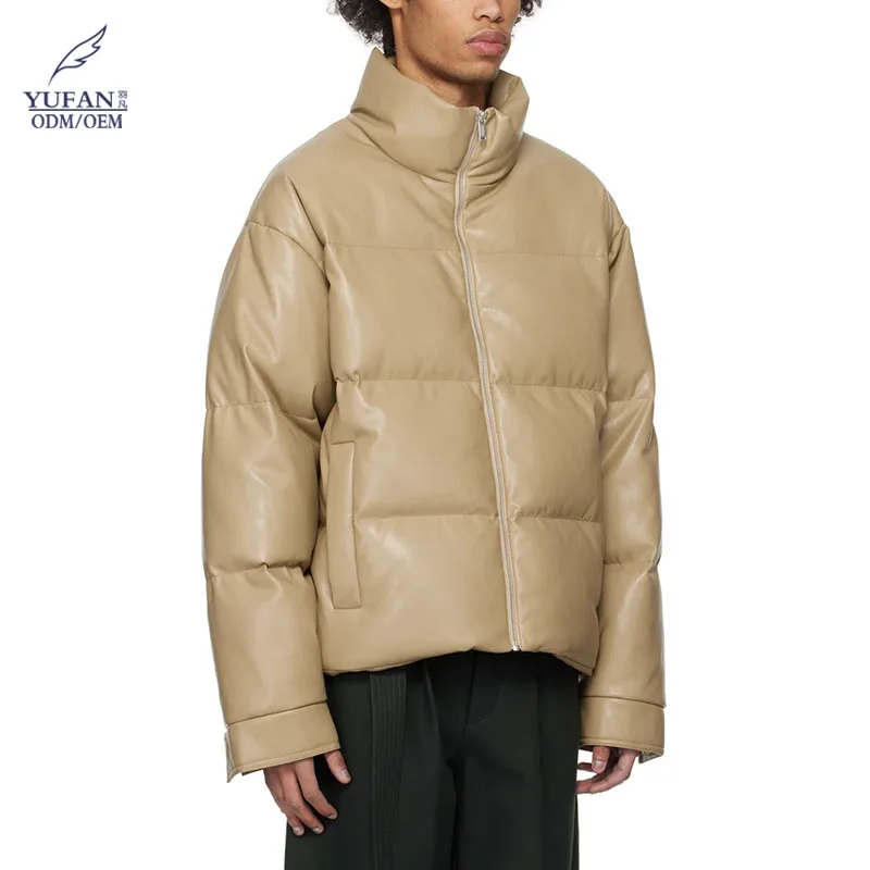 YuFan Custom Vegan Leather Down Jacket Funnel Neck Coated Down-Filled Quilted Waterproof Coats For Men Outdoor Winter Jackets