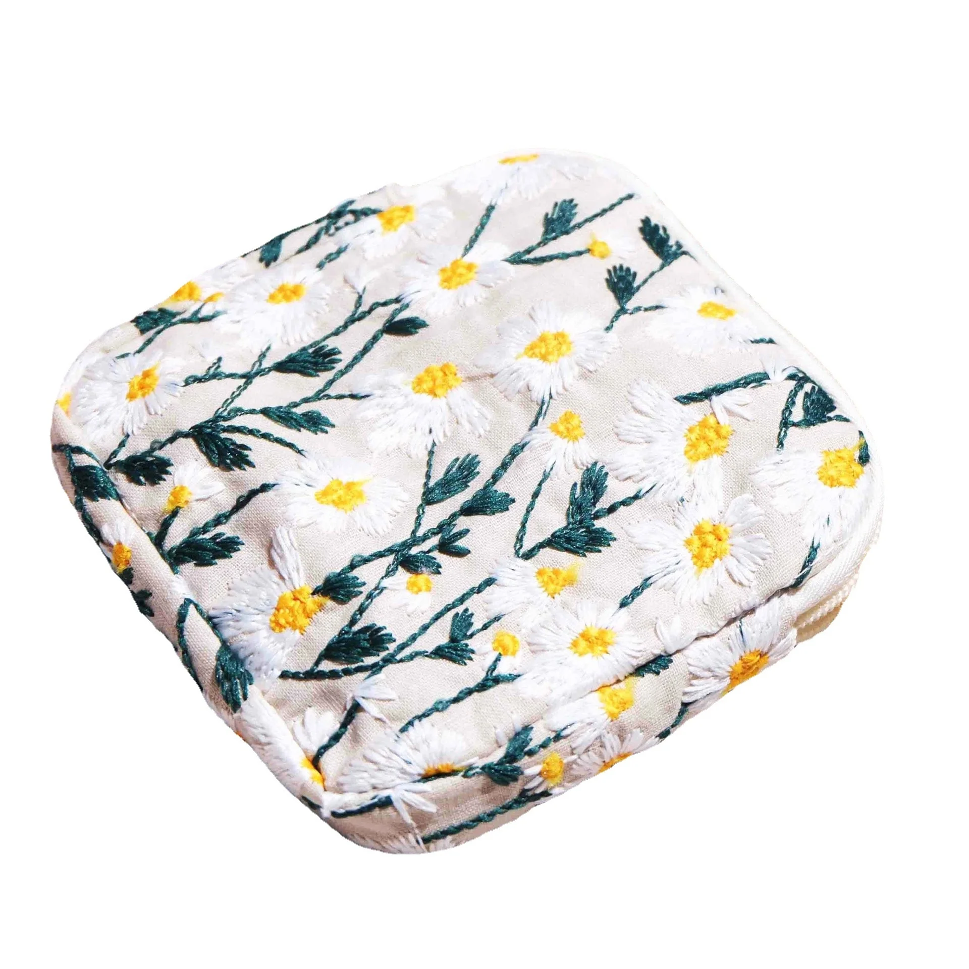 Flower Embroidery Cotton Privacy Pouch Sanitary Pad Napkin Period Bag Cosmetic Storage Purse
