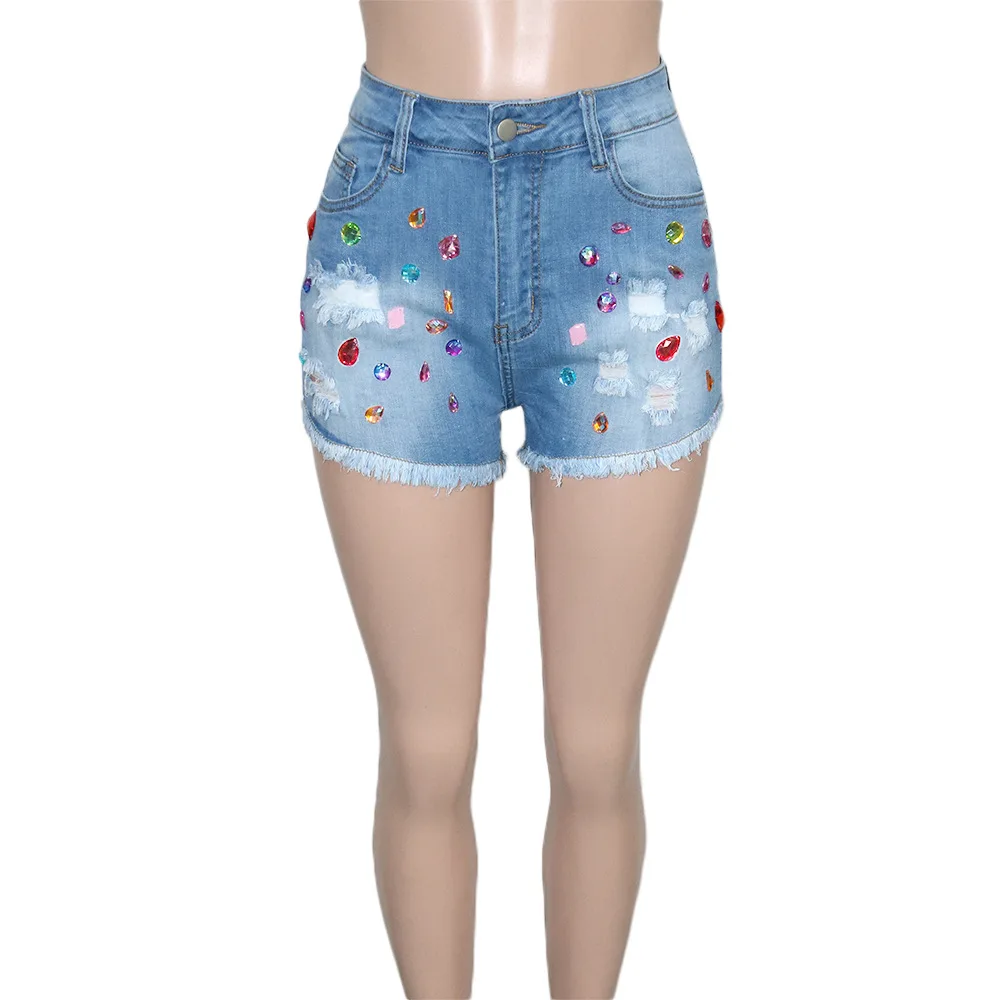2023 Sexy Summer Clothes New Fashion Plus Size Colorful Crystal Denim Booty Shorts  Women Diamond Tassel Ripped Jeans Shorts