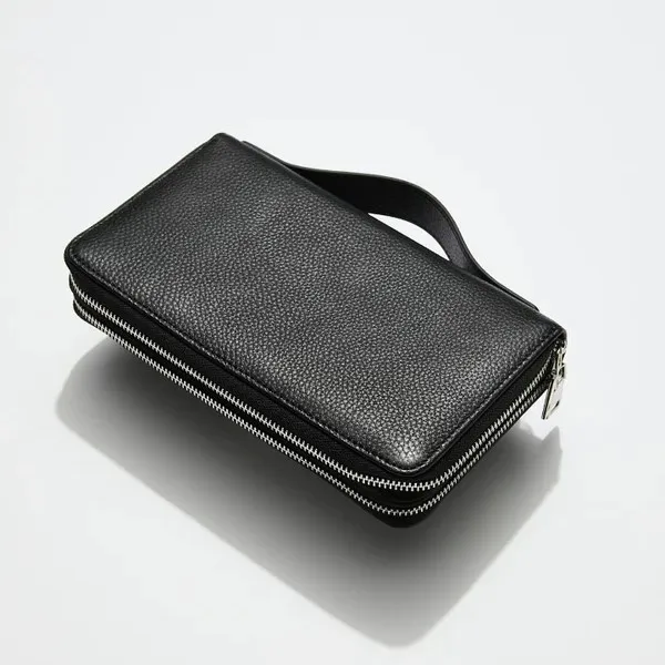 Large capacity handle package purse pebble leather portable multiple card holder long wallet for double zipper