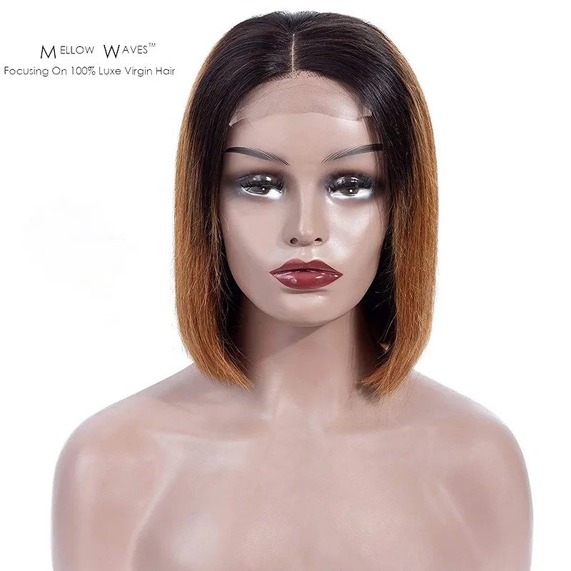 Mellow Waves Indian 4x4 Lace Closure Wig Ladies Hair Bob Haircut Short Length 4x4 Lace Frontal Ombre Color Wig Middle Side Part