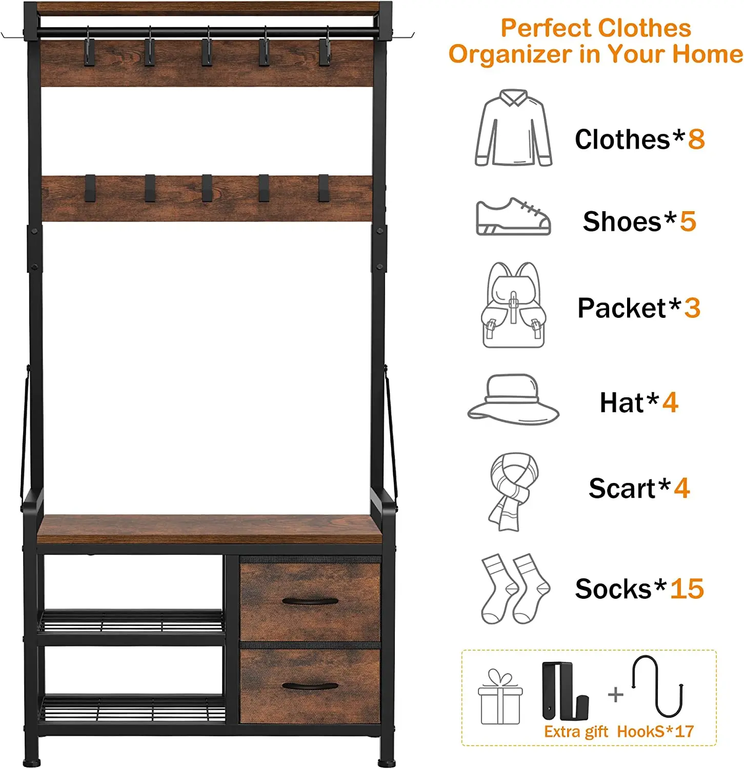 Coat Rack, Hall Tree with Shoe Bench for Entryway, 3-in-1 Shoe Rack  for home Freestanding Accent Furniture