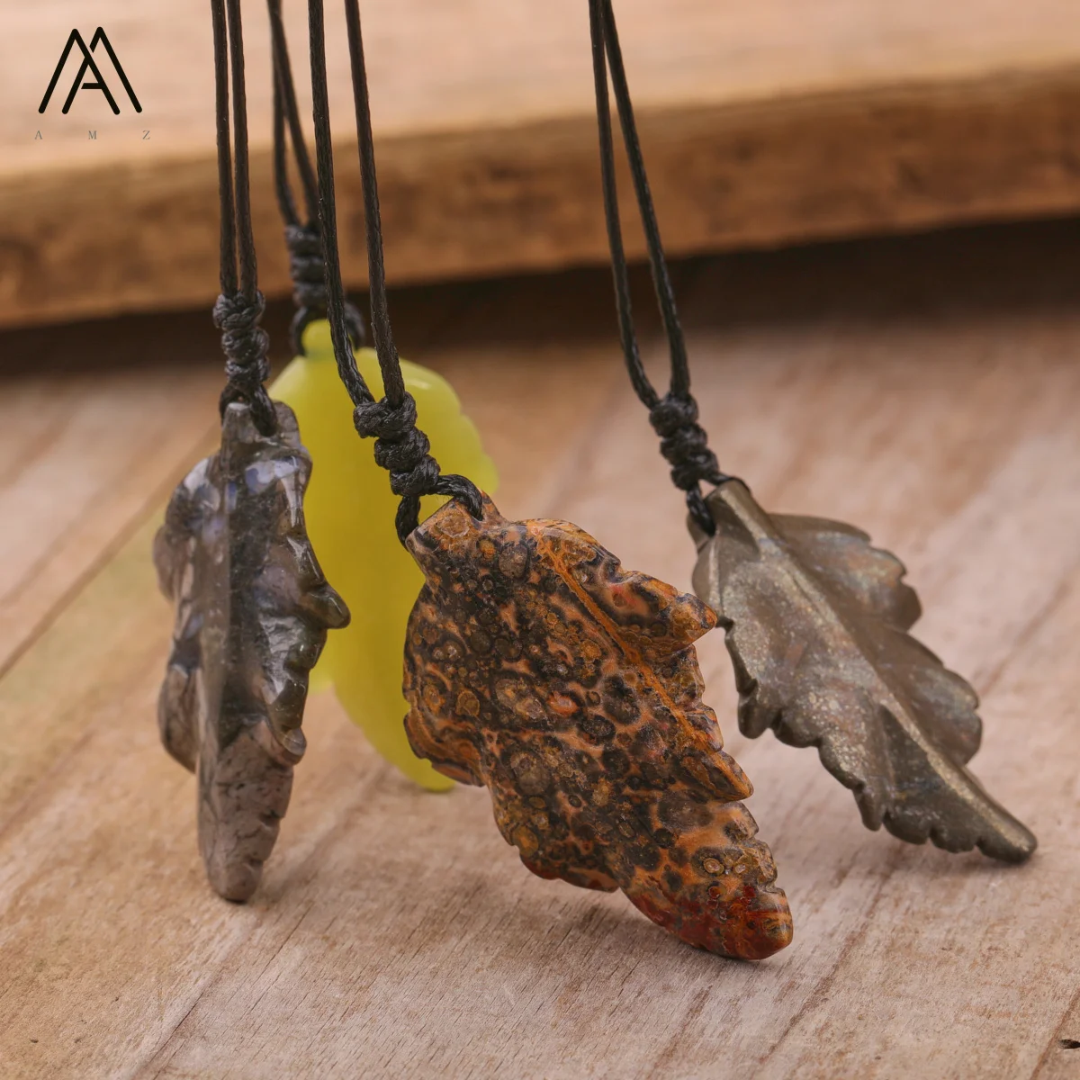 Crystal Leaf Necklace Men Gift , Reiki Chakra healing Gemstone Carved Leaf Pendant Crafts Jewelry