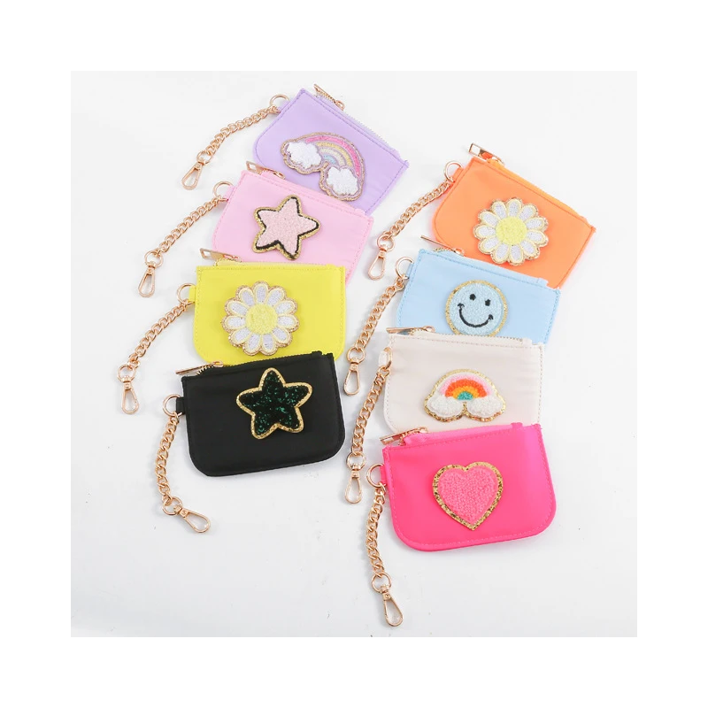 Wholesale Embroidery Multiple Color Nylon Wallet practical Girls Cute Coin Purse with Keychain