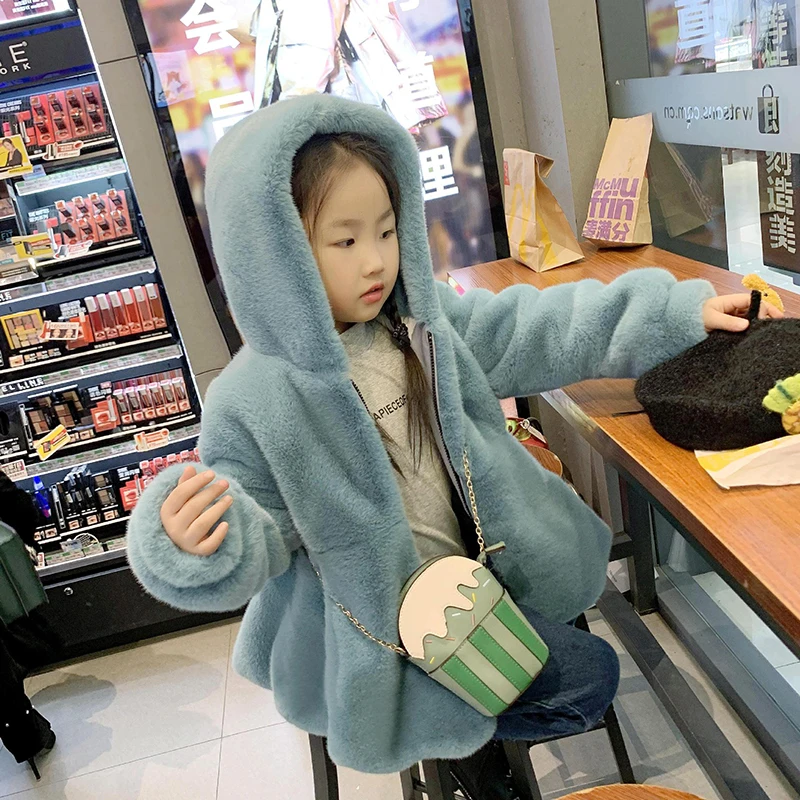 Fashion Baby Winter Warm Fur Coats For Girls Long Sleeve Hooded Warm Jacket For Christmas Party Kids Fur Outwear Clothing