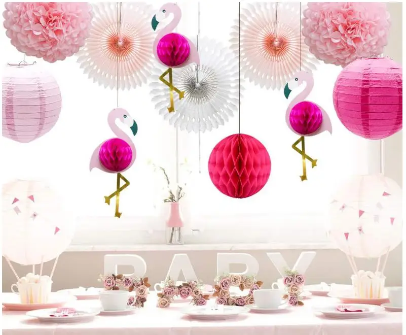 
Tropical Pink Flamingo Party Decoration, Poms Paper Flowers Tissue Paper Fan Paper Lanterns for Hawaiian Summer Beach Party 