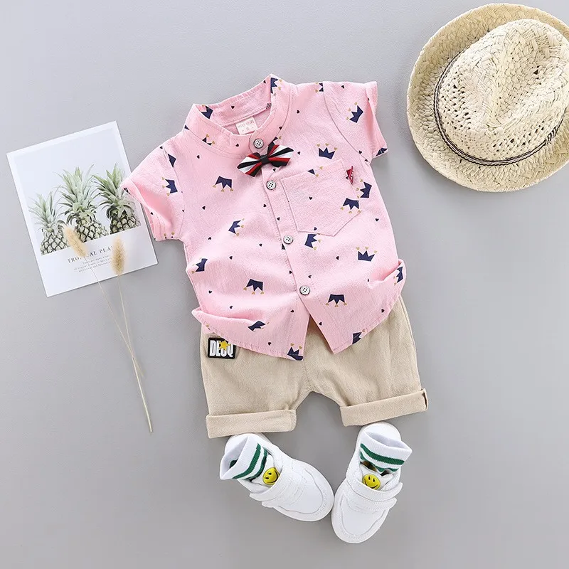 2023 Summer Child Boys Clothes Suits Short Sleeve Single Breasted Crown Print Shirt Pant 2 Pieces Children Clothing Boy