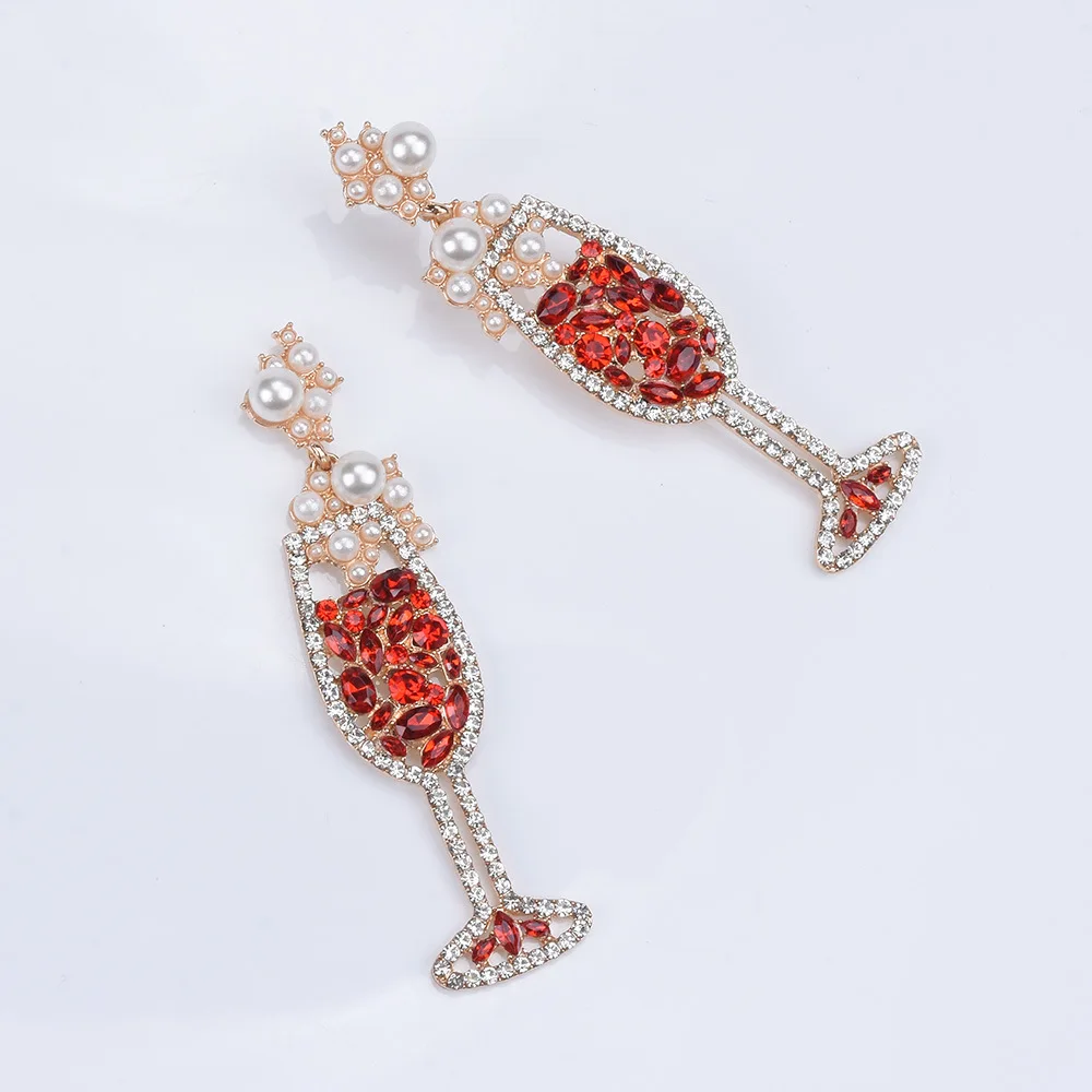 
New products creative and fresh stud gem stone temperament wild pearl jewelry pearl red wine glass women golden earrings 