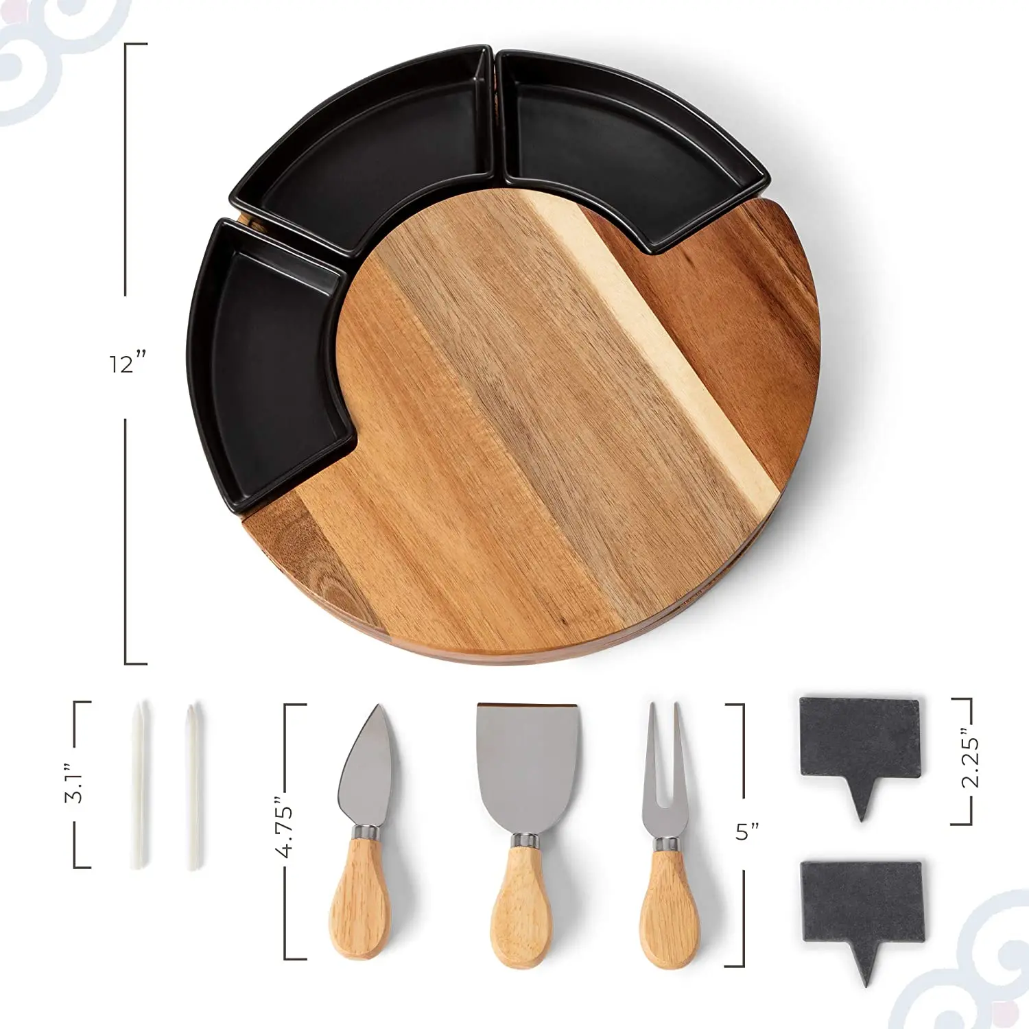 Новый дизайн, Вращающаяся круглая сервировочная тарелка из дерева акации, доска для сыра с 2 ножом, Мраморная тарелка, 3 керамических чаши