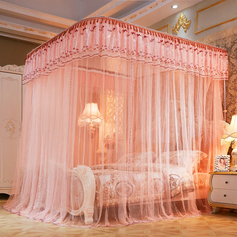 Luxury Square Top Guide Rail Soft Beautiful Lace Tassel Flower 2.1m High Elegant Durable Bed Net