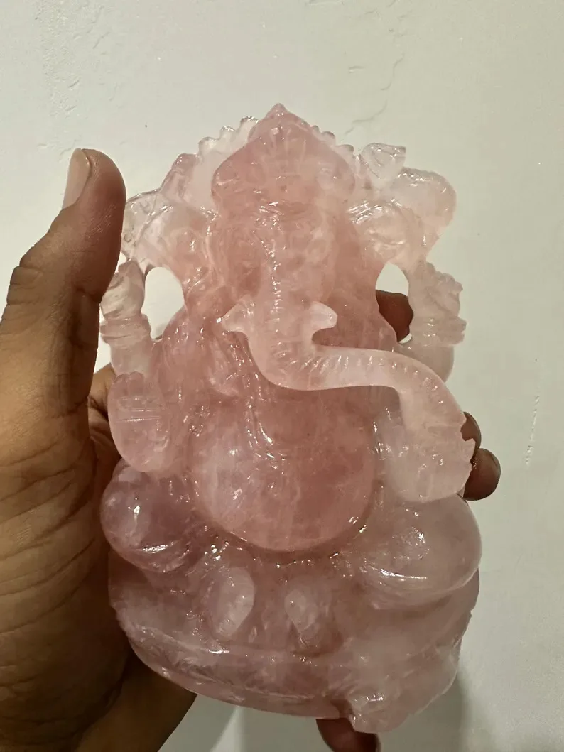 Exquisite Hand Carved GANESH Statue Natural Rose Quartz Gemstone Material Semi-Precious Stone Crafts Exquisite Craftsmanship