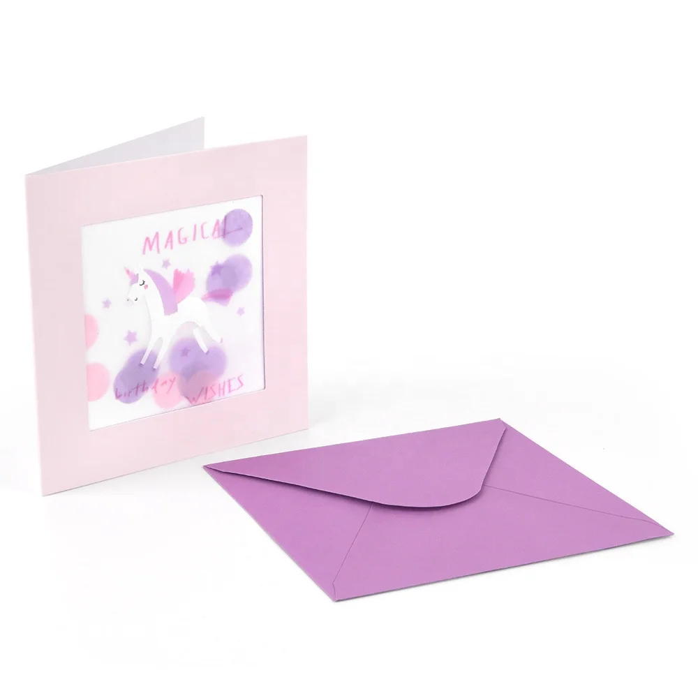 Manufacturer Custom Printing Square Purple Funny Unicorn Girls Blank Handmade Kids Happy Birthday Greeting Cards with Envelope