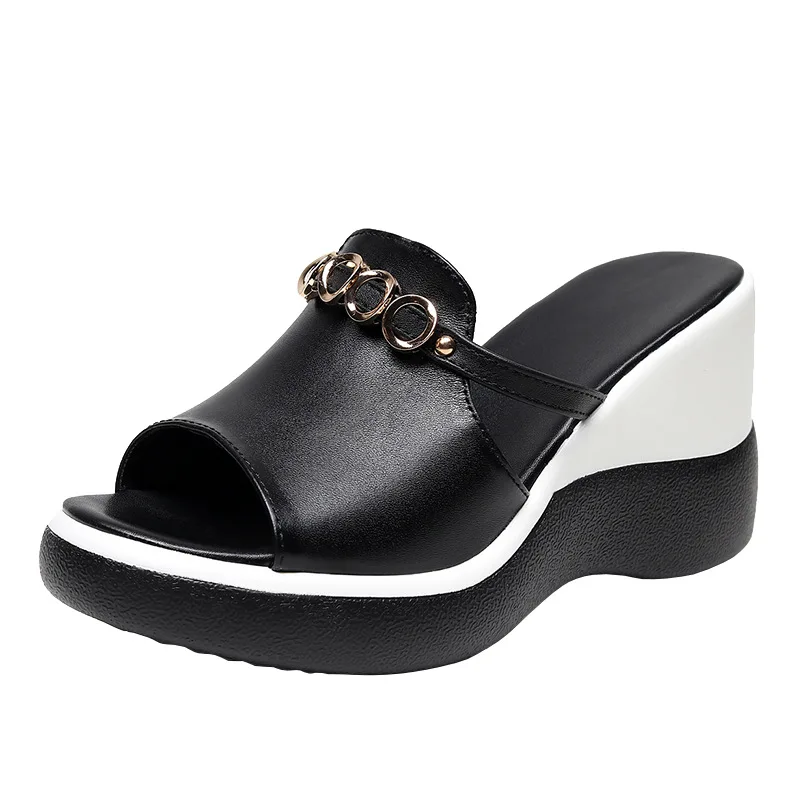 summer footwear new styles products trending genuine ladies pure leather wedge slippers for women and ladies