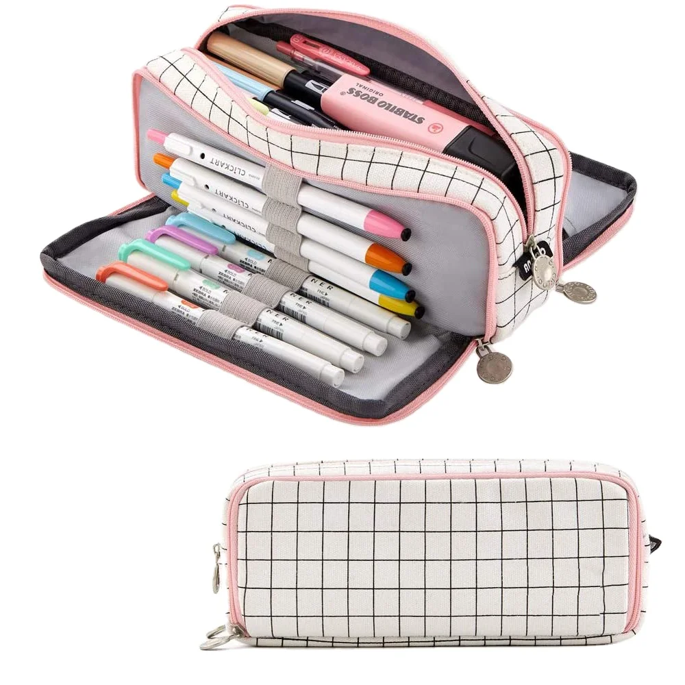 5275 Large Pencil Case Big Capacity 3 Compartments Canvas Wholesale ODM OEM CPC Pouch School Students Double Sided Pencil Case