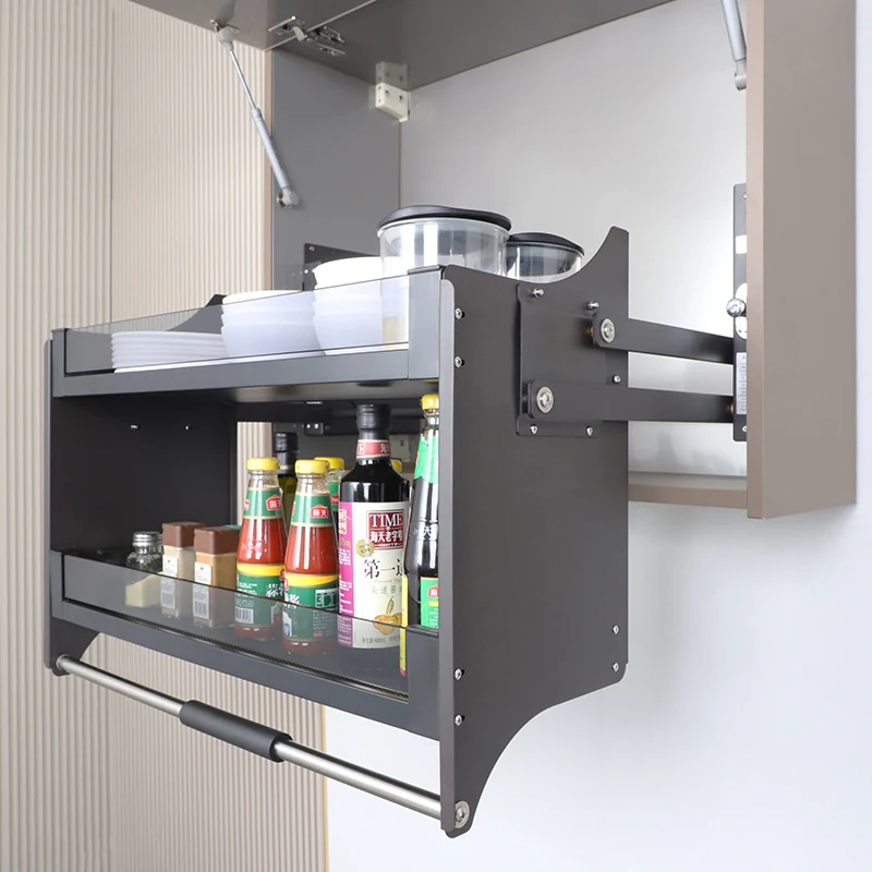 Multifunctional Stainless Basket Drawer Cabinet Pull-Out Organizer 2 Tier Kitchen Cabinet Elevator Drawer Basket