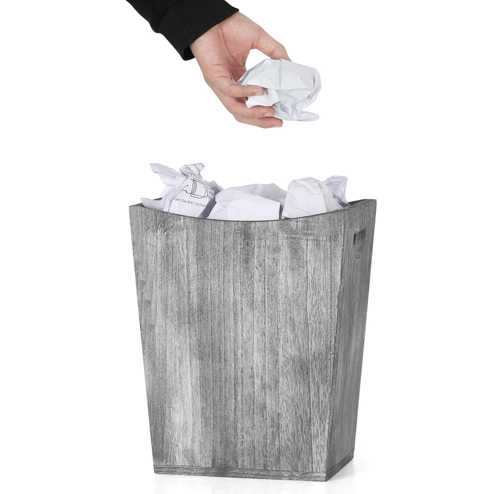 Rustic Wood Trash Can with Handle Modern Durable Waste Bin Recycling Bin for Bathroom Office Bedroom Living Room