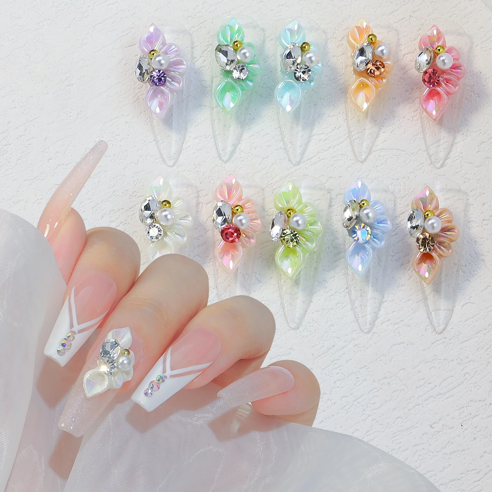 5pcs/pack Acrylic Petal Nail Jewelry With Diamonds Pearl Colorful Ripple Flower Petal DIY Design 3D Nail Decorations