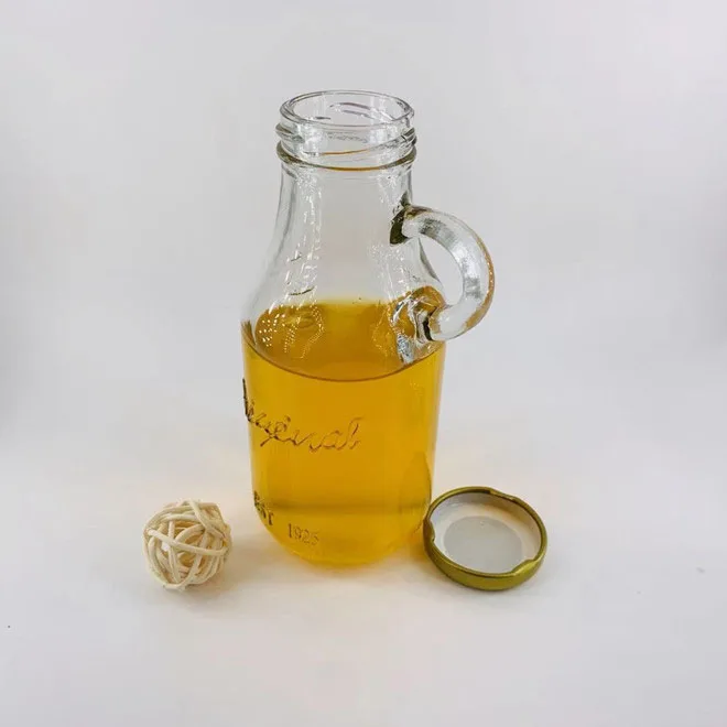 250ml clear vintage embossed glass milk juice bottle with small handle and scale line