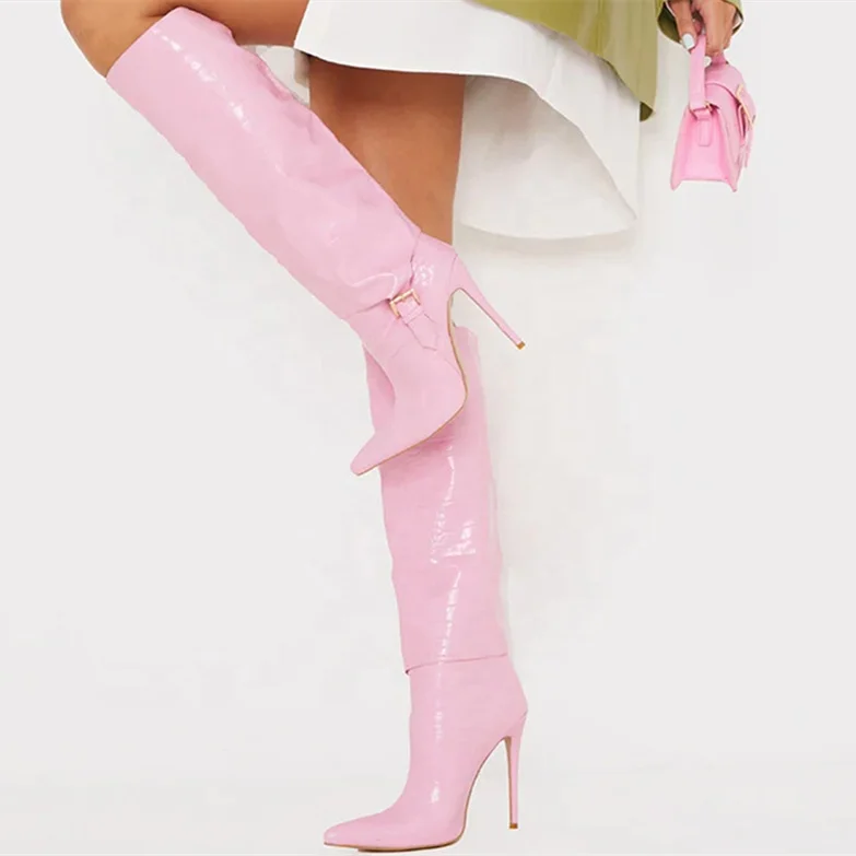 Winter Women Boots Light Pink Office School Fashion Shoes Pointed Toe Knee High Boots High Heel Ankle Buckle Big Size 43