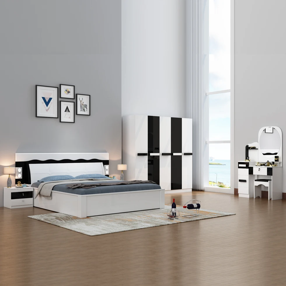 wholesale factory bedroom sets 1.8 Meter hi-gloss king size bedroom set modern lighting bed with nights