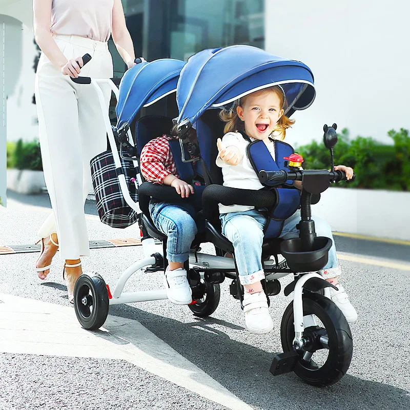 Twin tricycle baby stroller 1 to 5 years old baby stroller can be turned to push the guardrail parasol