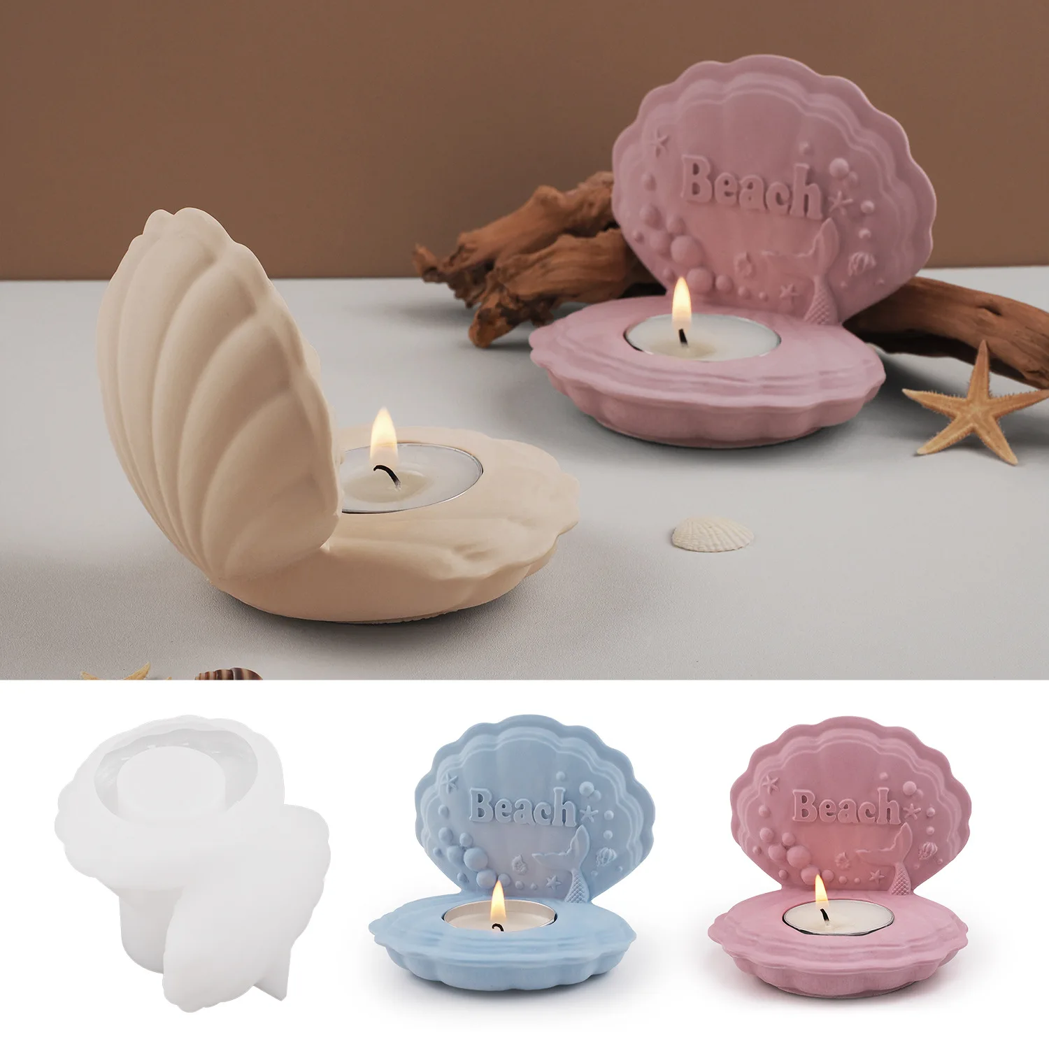 DIY Concrete Candlestick Making Tool Ocean Scallop Beach Candle Holder Silicone Mold Ring Storage Box Tea Light Casting Mould