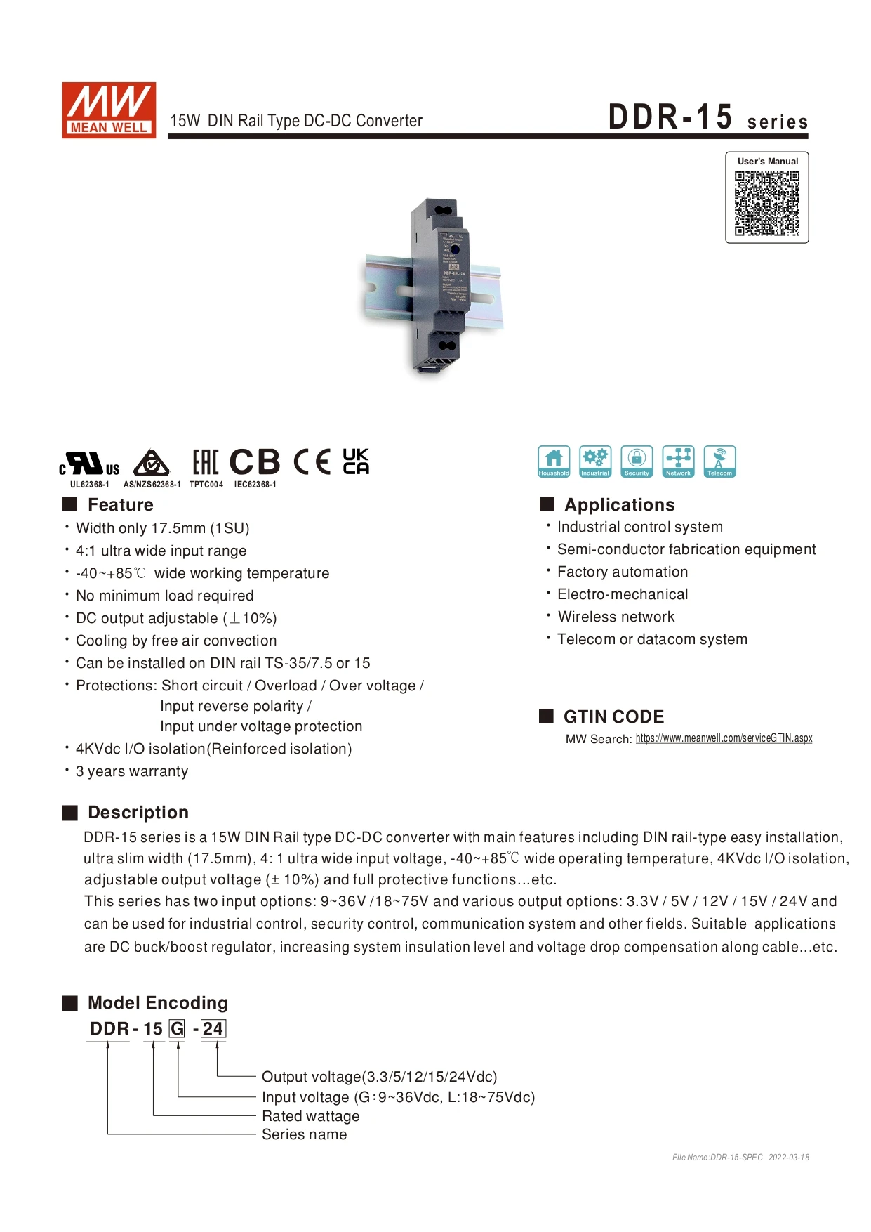 Meanwell DDR-15L-12 15W 18 ~ 75vdc to 12vdc DIN Rail Type DC-DC Converter PSU Switching Power Supply Single Output