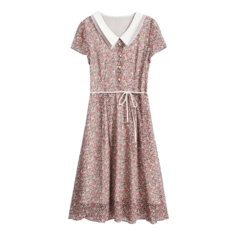 Новое летнее платье с цветочным принтом, женское платье, с коротким рукавом, с воротником в кукольном стиле шифоновое платье с завязкой на талии