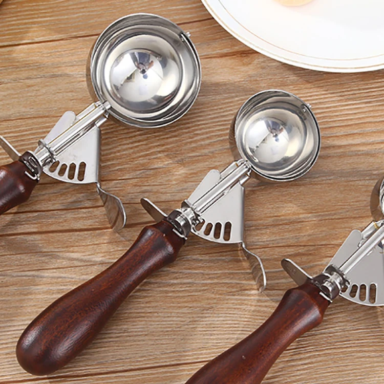Stainless Steel Cookie Dough Scoop Ice Cream Scoop with Trigger Release and Wood Handle for Baking