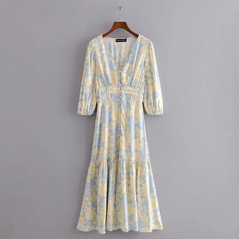 
2021 New Arrival Autumn and Spring Print High Collect Waist Casual Dress For Women 