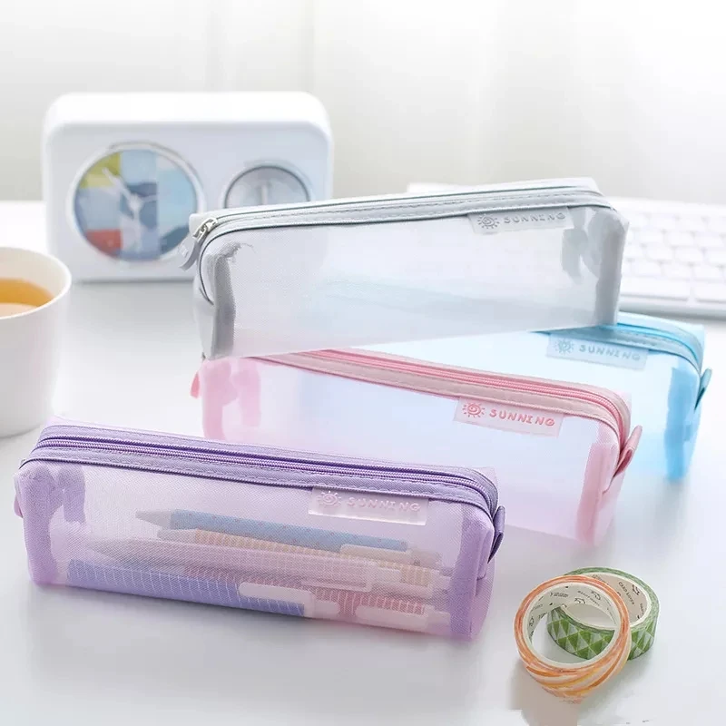 Transparent Stationery Pencil Bag Student Examination Dedicated Nylon Mesh Pen Case Unisex Large Capacity Pouch School Supplies